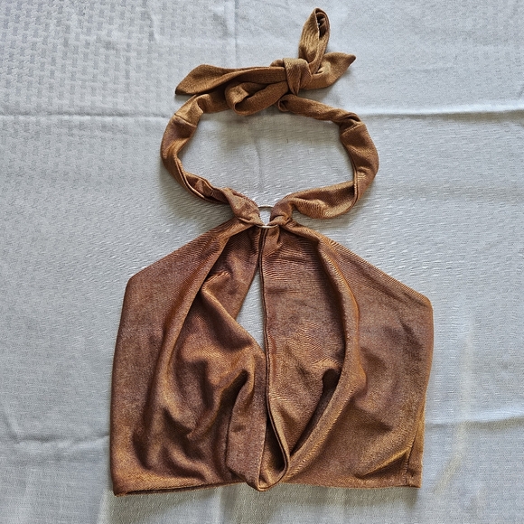 Princess Polly Tops - Princess Polly Monroe Brown Halter Cowl Neck Ring Crop Top NWT Size US 2